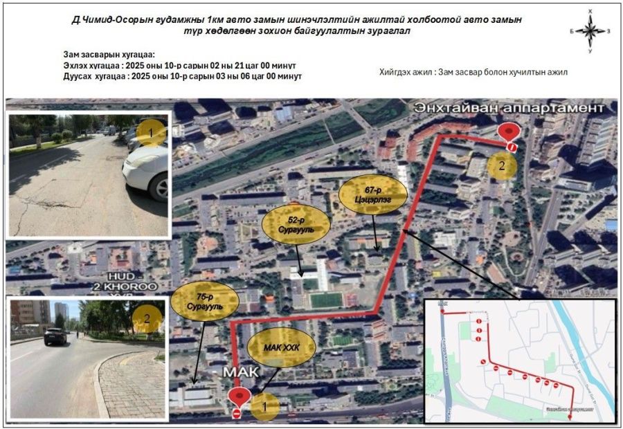 Нийслэлийн 75 дугаар сургуулиас Энхтайван хотхон хүртэлх замыг засна