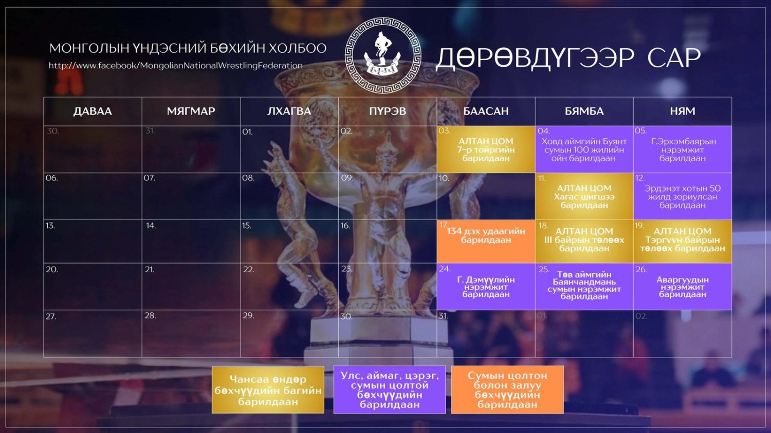 Дөрөвдүгээр сард болох бөхийн барилдааны хуваарь