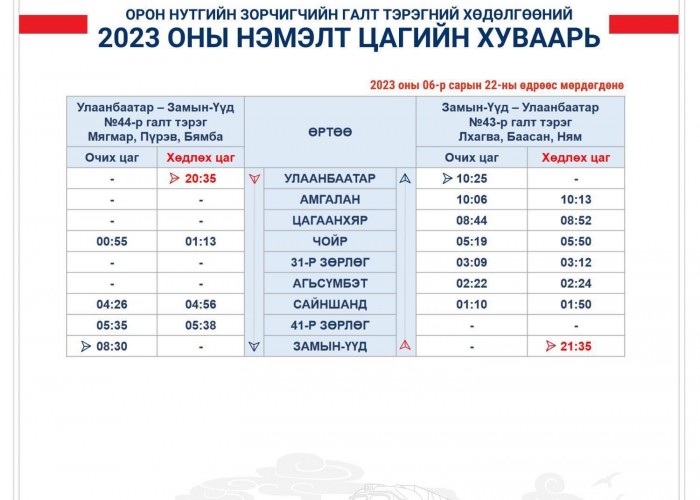 Зорчигч урсгал нэмэгдэж байгаатай холбогдуулан 2023 оны зургаадугаар сарын 22-ны өдрөөс эхлэн Замын-Үүд чиглэлд цагийн хуваарь нэмэгдлээ