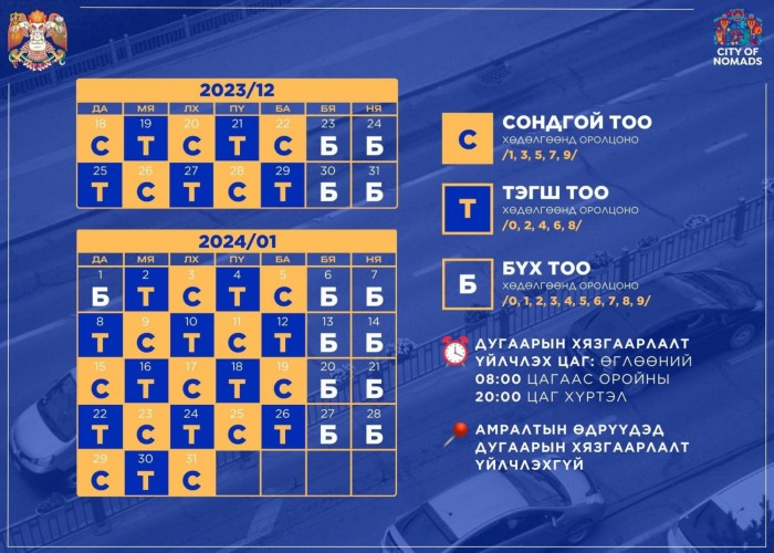 0,2,4,6,8 тоогоор төгссөн улсын дугаартай автомашинаар хөдөлгөөнд оролцоно