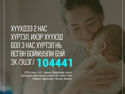 Хүүхдээ хоёр нас хүртэл өсгөн бойжуулж буй 104,441 эцэг эхийн ЭМД-ын шимтгэлийг төрөөс хариуцан төлжээ