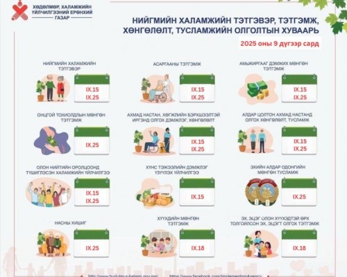 Энэ сард олгох нийгмийн халамжийн тэтгэвэр, тэтгэмж, хөнгөлөлт, тусламжийн хуваарь